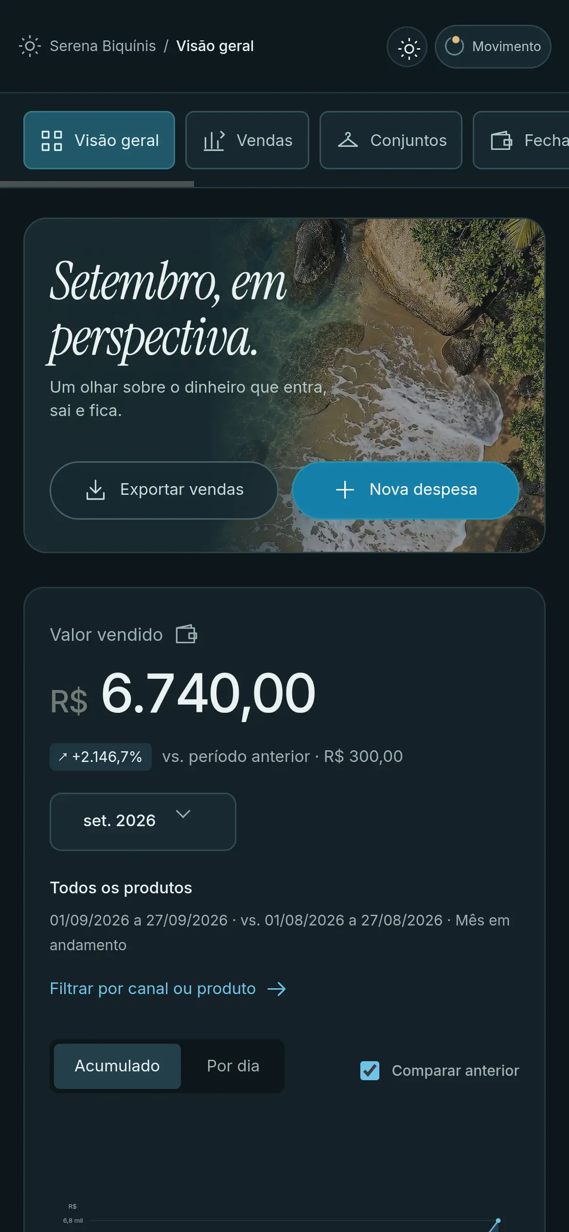 Painel financeiro da Serena